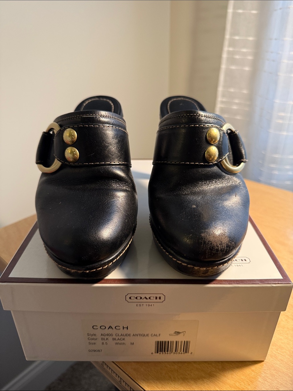 Coach Black Leather Slip-On Clogs with Gold Buckle